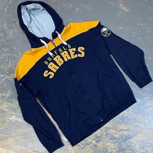 Reebok Buffalo Sabres NHL Zip Up Sweater Large Navy Blue Yellow Hockey